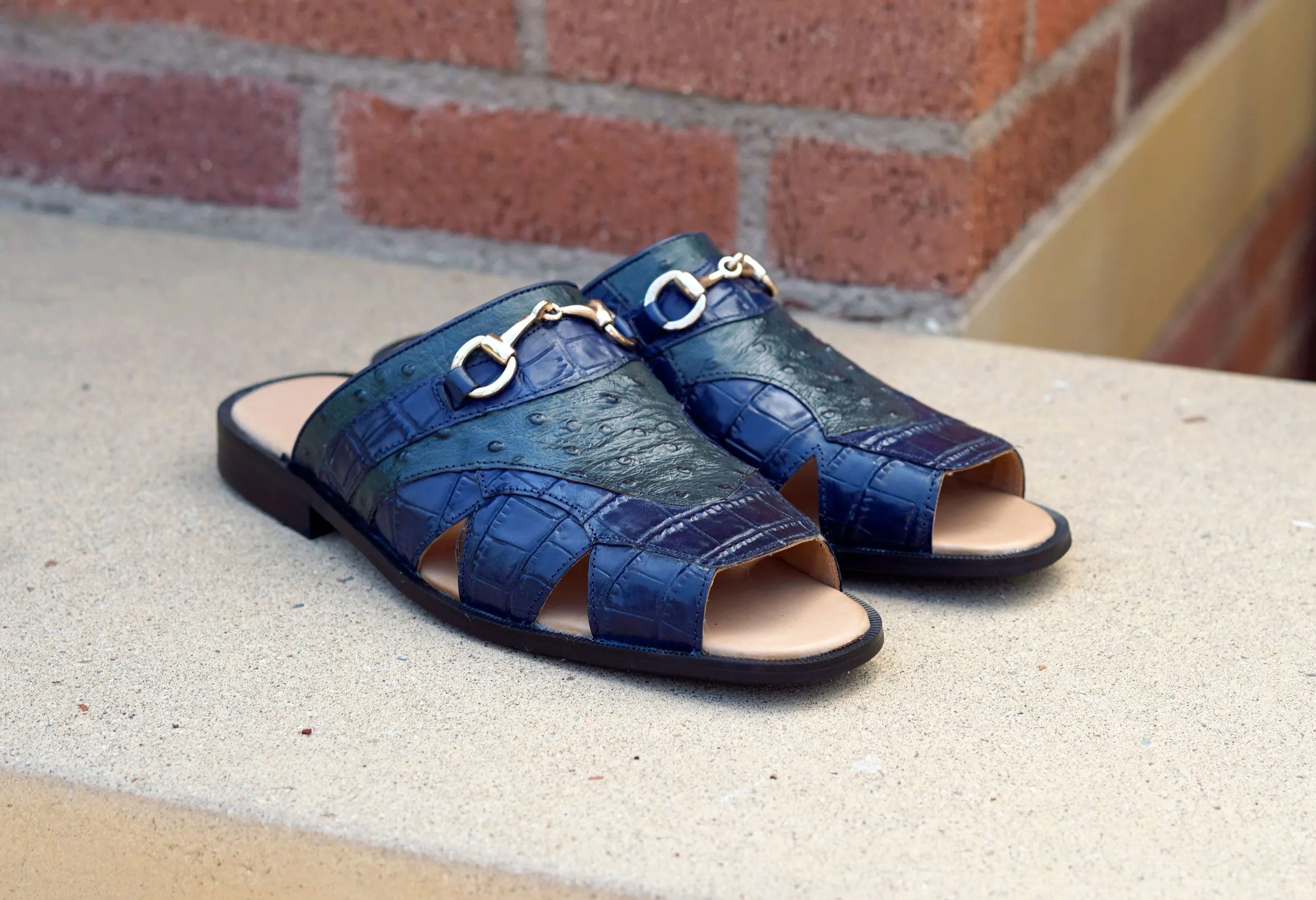 Maurice Embossed Calfskin Slip-On Sandal Navy