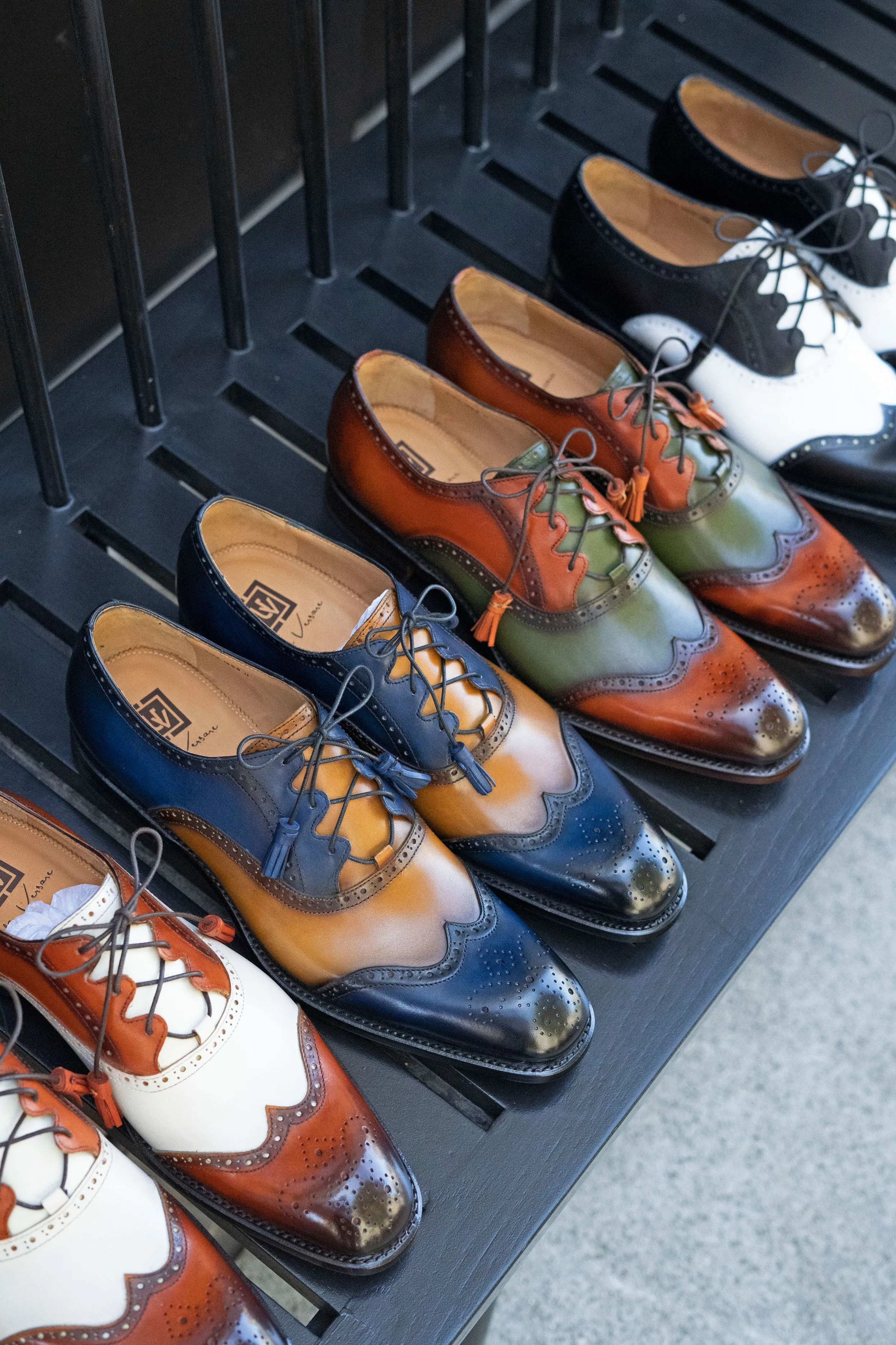 "Stephen" Burnished Calfskin Lace-Up Spectator Oxford Black